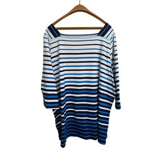 Denim & Co Blue White Striped Boat Neck 3/4 Sleeve Top Plus Size 3X